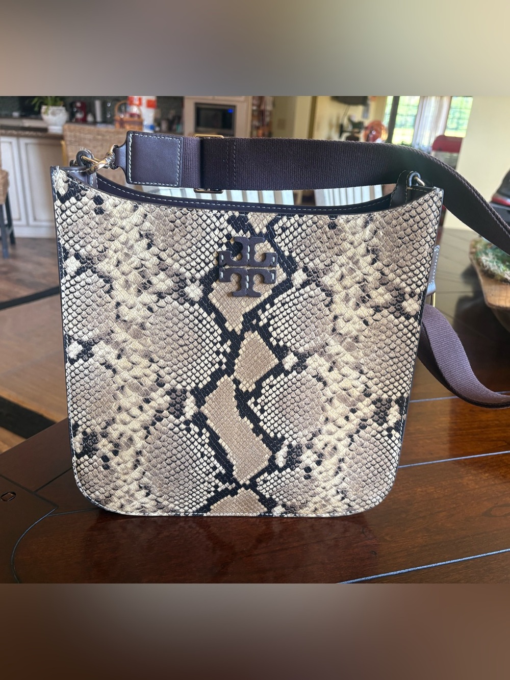 NWT Tory Burch Taupe and Black Snake-Print Crossbody